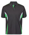 A black polo shirt with green and grey accents, featuring a collar and a logo.