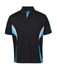 A black polo shirt featuring blue and grey accents, with a collar and a branded logo.