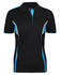 A black polo shirt with blue accents and a logo. Features a collar and buttoned placket. Suitable for casual or active wear.