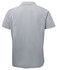 A grey polo shirt with a smooth fabric and a collar, featuring a logo on the back.