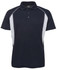 A navy polo shirt with grey side panels and a collar, featuring a logo on the chest.