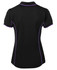 A black polo shirt featuring purple piping, with a classic collar and short sleeves. It includes a branding logo.