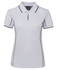 A light grey polo shirt with contrasting piping and a collar, featuring a logo on the front.