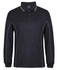 A long-sleeve black polo shirt with contrasting piping and a logo on the collar.