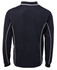 A navy long-sleeve polo shirt with white piping details and a logo. Shows the back view of the shirt.