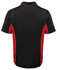 A black polo shirt with red accents, featuring short sleeves and a collar, has a logo on the back.