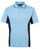 A light blue polo shirt with navy side panels and a logo on the chest. Short sleeves and a classic collar design.