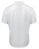 A white polo shirt with a collared design, featuring short sleeves and a logo on the back.