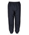 Track pants in solid black with an elastic waistband and cuffs, featuring a logo on one side.