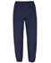 Navy track pants with an elastic waistband and tapered cuffs, featuring a logo on the side.