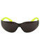 Sunglasses with dark lenses and bright yellow arms, featuring a logo on the temple. Suitable for outdoor activities.