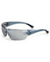 A pair of blue and silver mirror sunglasses with a sleek design and a logo on the side.