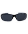 A pair of black safety sunglasses with dark lenses, featuring a sleek design and a logo on the side.