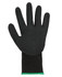 A black nitrile glove with a breathable design and a green cuff, featuring five fingers and a textured surface.