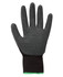 A black latex glove with a textured surface and a black wrist cuff featuring a green accent.