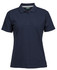 A navy ladies' pique polo shirt featuring a collar, short sleeves, and a button placket. It has a logo on it.