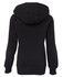 A black hoodie featuring a drawstring hood and long sleeves, with a simple design and a logo on the back.