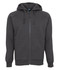 A dark grey hoodie with a zip, featuring a hood and front pockets. It has a logo on the label.