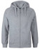 A grey zip-up hoodie with a hood, features a front pocket and has a logo on the label.