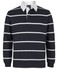A striped navy and white long-sleeve polo shirt with a collar, featuring a logo on the chest.