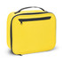 A yellow cooler bag with a black zipper and handle, featuring a front pocket and a simple, rectangular design.