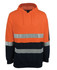 An orange and navy fleece hoodie featuring reflective stripes and a hood. It has branding on the sleeve.