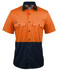 An orange and navy work shirt featuring a logo, front pockets, and a collared design. Ideal for workwear.
