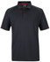 A black polo shirt with red accents, featuring a three-button placket and a logo on the chest.