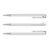 Three white plastic pens with silver accents, featuring a logo on each pen.