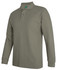 A long-sleeved polo shirt in olive green with a collar and a logo on the chest.