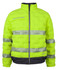A bright yellow puffer jacket with reflective strips and a black hem, featuring a logo.