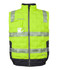 A neon yellow puffer vest with reflective stripes and a dark grey base, featuring a logo on the front.