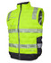 A bright yellow and black puffer vest featuring reflective stripes and a logo. Suitable for outdoor use.