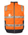 An orange puffer vest with reflective strips, featuring a front zip and a pocket. It includes a logo on the chest area.