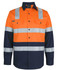 A long-sleeve safety shirt in orange and navy, featuring reflective strips and two chest pockets. It has a logo.