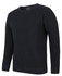 A black knitted crew neck jumper with long sleeves and ribbed detailing. It features a branding logo on the neck.