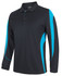 A long-sleeve polo shirt in black with blue accents and a logo on the chest.