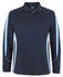 A dark navy long-sleeve polo shirt featuring light blue side stripes and a collar. It has a logo on the chest.