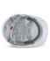 A white safety helmet featuring a grey inner lining and adjustable straps, inside view displayed.