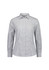 A long sleeve women's shirt featuring a grid pattern in white and navy blue, with a collared neck and button front.