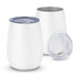 A drink bottle in white with a clear lid, featuring a stainless steel interior and a rounded design.