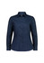 A long sleeve shirt in navy blue featuring a fitted design and a button-up front. It has a collar and a logo.