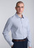 A slim fit long sleeve shirt in a light blue check pattern, worn by a model with a shaved head.
