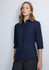 A navy blue women's 3/4 sleeve shirt with a collared neckline and buttons down the front, featuring a logo on the chest.