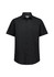 A black short sleeve shirt with a classic fit and button-down front. It features a collar and has a logo.