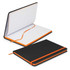 A black notebook with an orange ribbon and elastic closure, featuring lined pages.