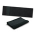 A black sports towel displayed unfolded and folded, featuring a simple design and a logo.