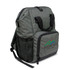 A grey backpack with a mesh pocket and handle, featuring a logo on the front.