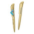 A gold plastic pen featuring a decorative character and a logo, designed for writing.