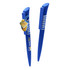 A blue plastic pen with a unique design and a logo, featuring a playful bee character.